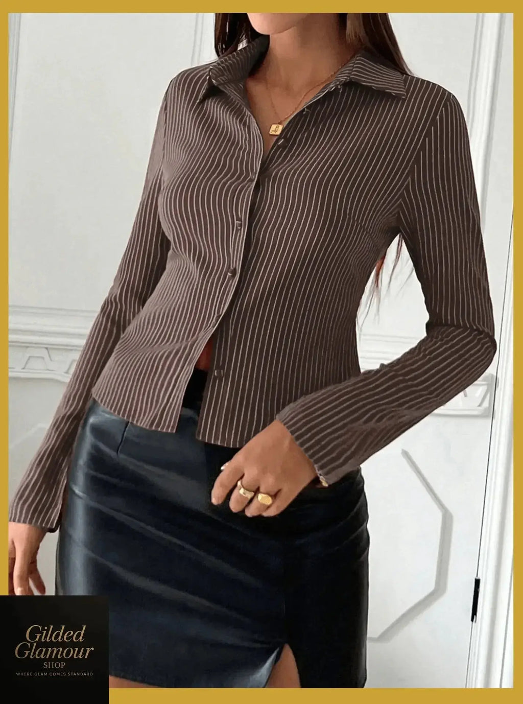 Gilded Glamour Shop men's classic striped long sleeve button-up shirt with a versatile stretch fabric for workwear.