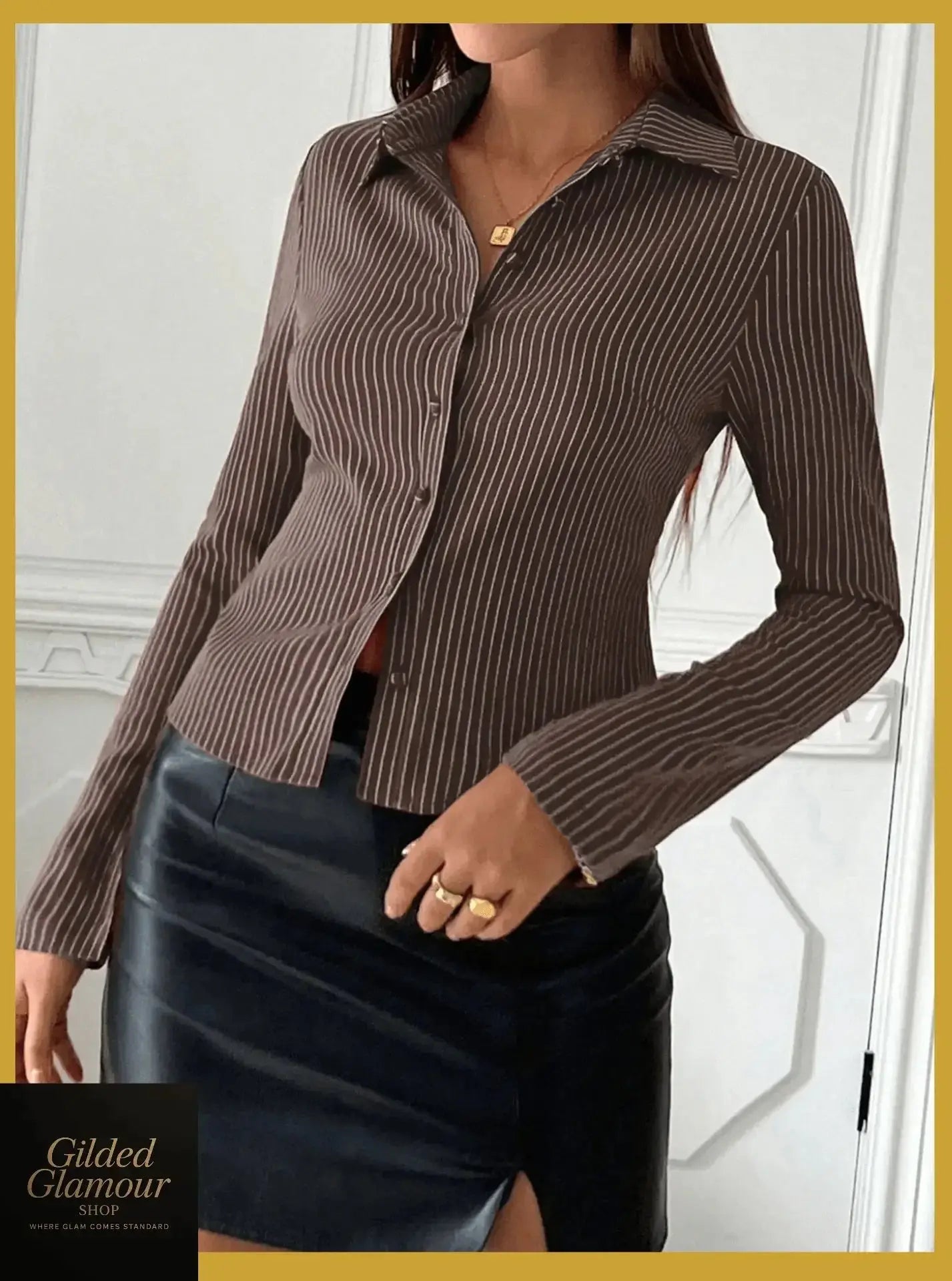 Gilded Glamour Shop men's classic striped long sleeve button-up shirt with a versatile stretch fabric for workwear.
