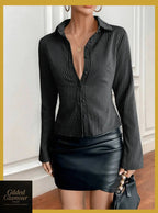 Gilded Glamour Shop classic striped long sleeve button-up shirt with versatile stretch fabric, suitable for work and casual wear.