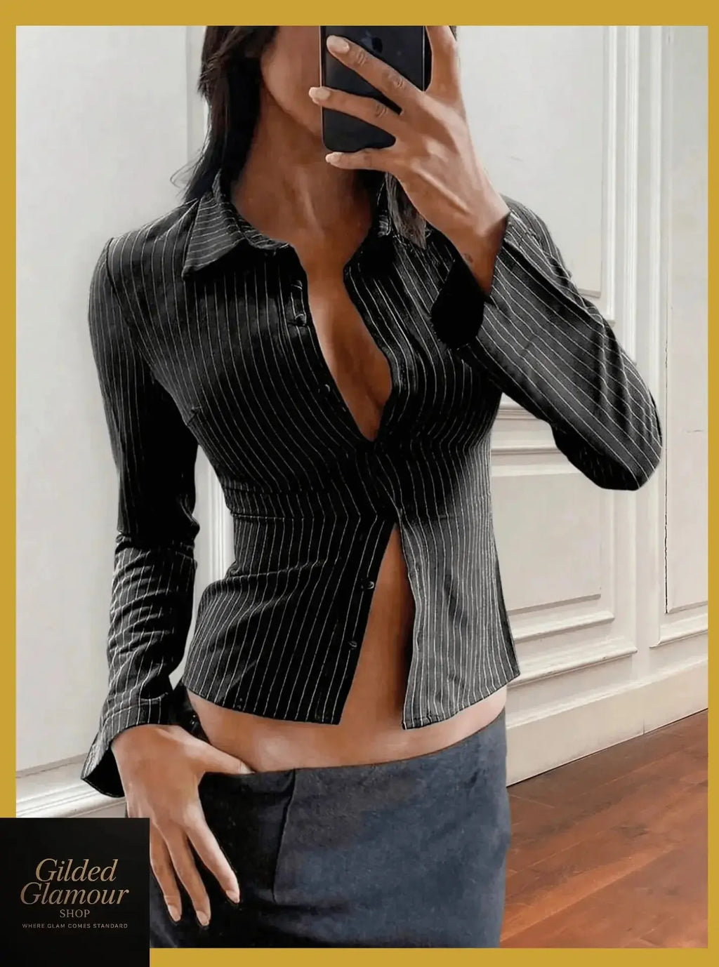 Gilded Glamour Shop classic striped long sleeve button-up shirt with a versatile, stretchy fabric for workwear and casual wear.