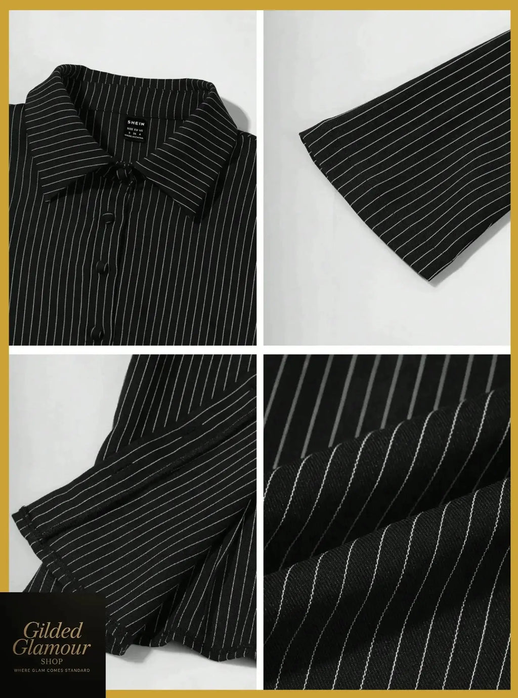 Gilded Glamour Shop classic striped long sleeve button-up shirt, versatile workwear with a fitted design and stylish stripes.
