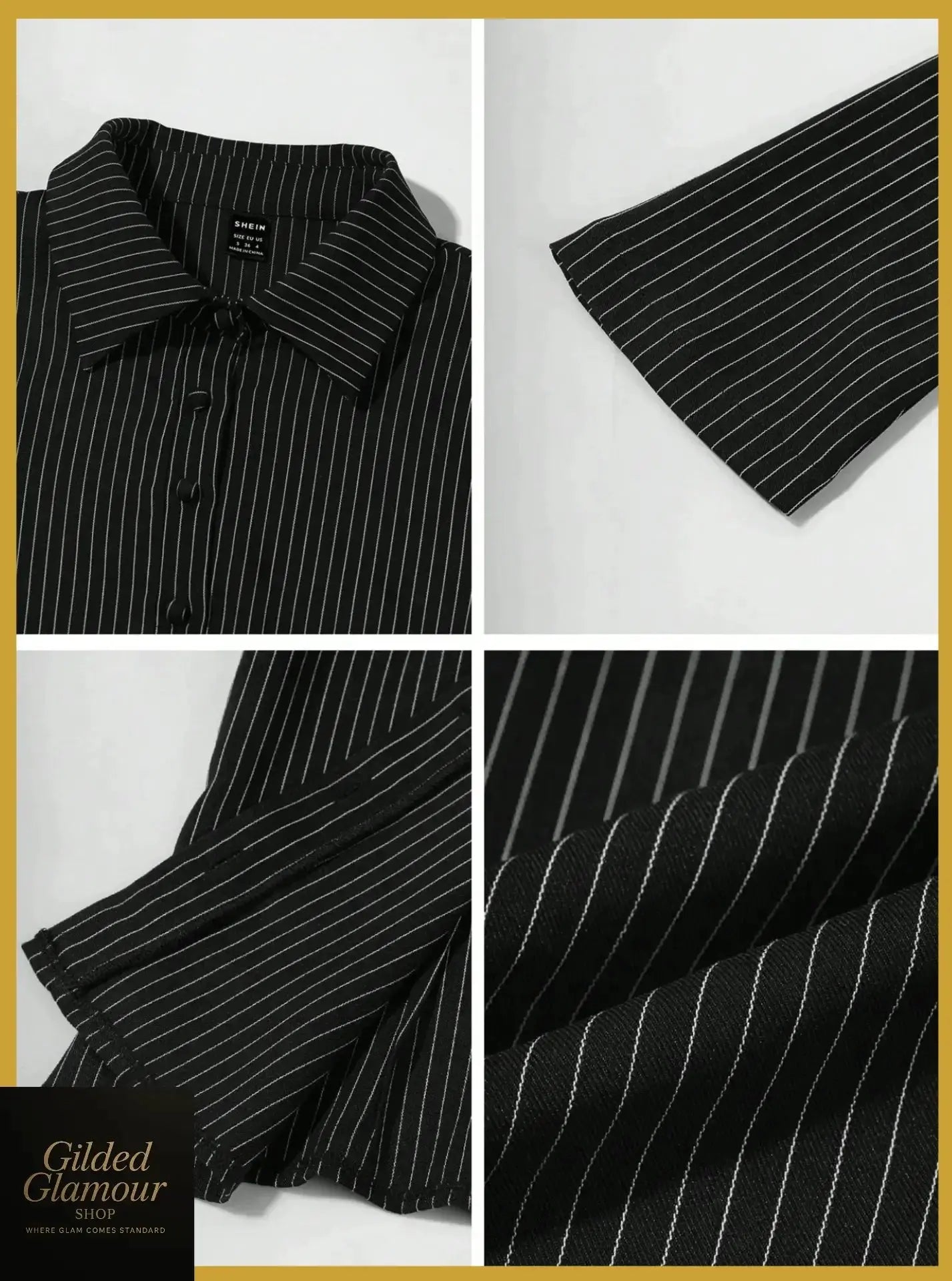 Gilded Glamour Shop classic striped long sleeve button-up shirt, versatile workwear with a fitted design and stylish stripes.