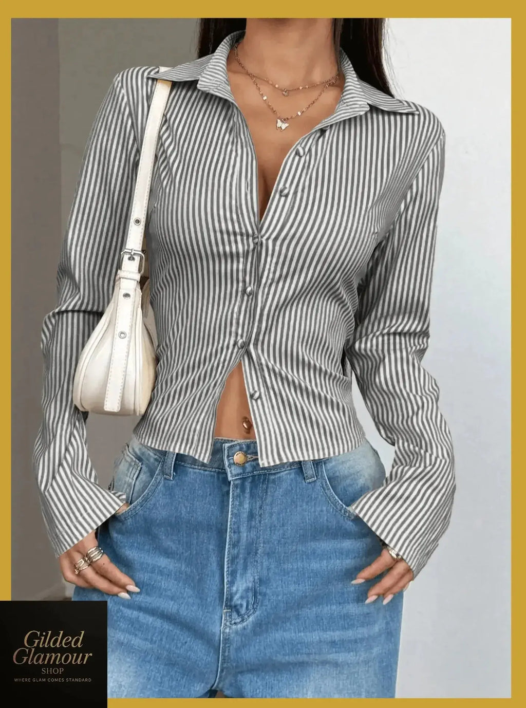 Gilded Glamour Shop classic striped long sleeve button-up shirt, versatile stretch workwear with a stylish striped pattern.