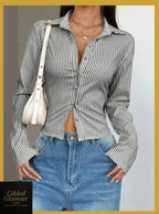 Gilded Glamour Shop classic striped long sleeve button-up shirt, versatile stretch workwear with a stylish striped pattern.