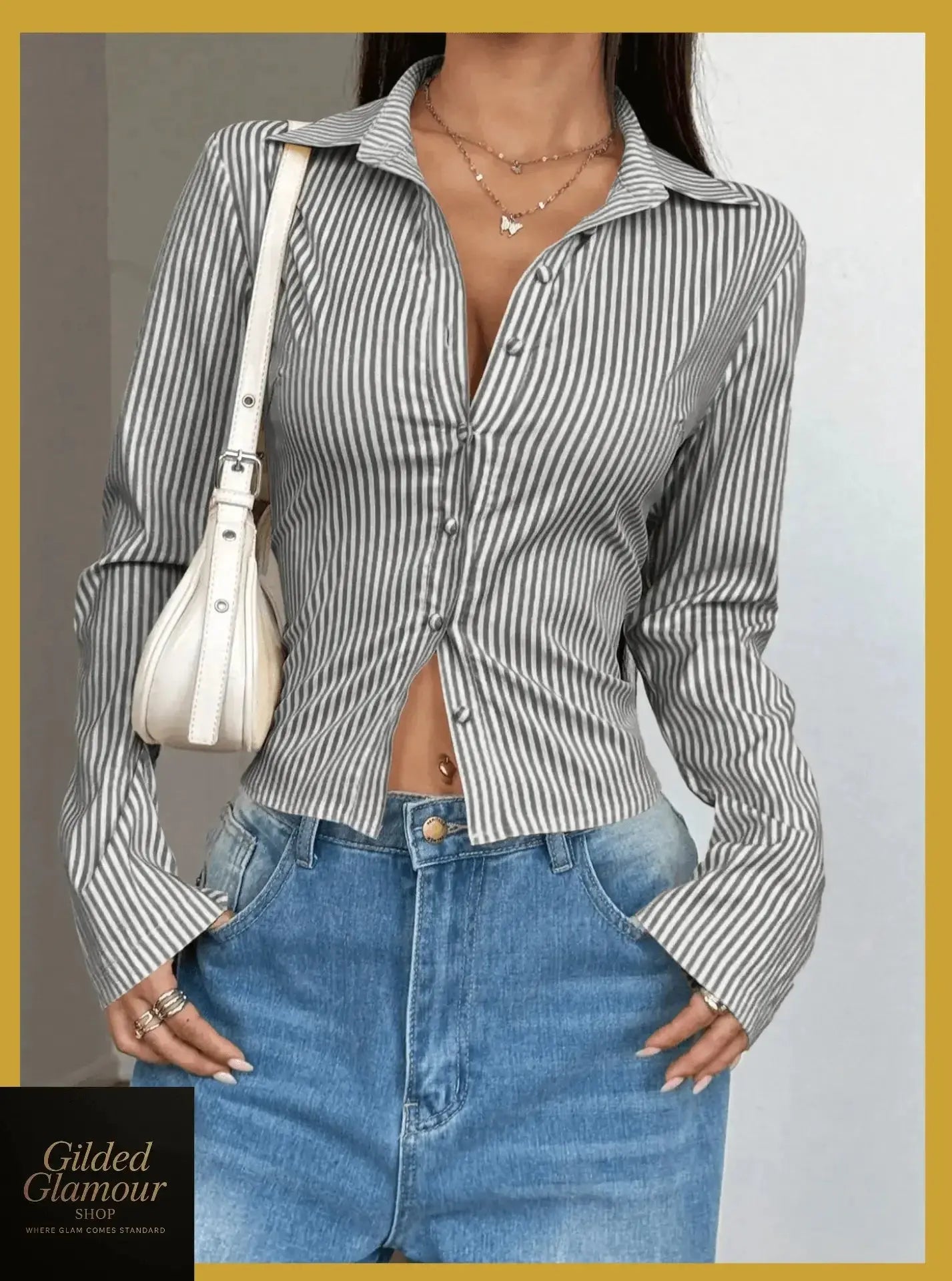 Gilded Glamour Shop classic striped long sleeve button-up shirt, versatile stretch workwear with a stylish striped pattern.