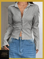 Gilded Glamour Shop classic striped long sleeve button-up shirt with versatile stretch fabric, ideal for workwear or casual wear.
