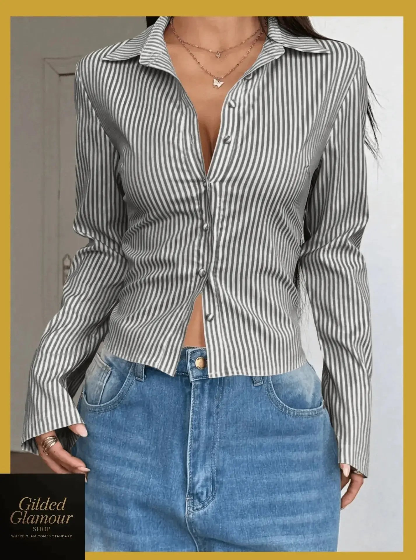 Gilded Glamour Shop classic striped long sleeve button-up shirt with versatile stretch fabric, ideal for workwear or casual wear.