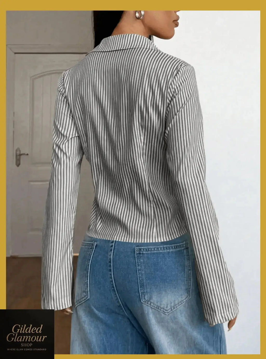 Gilded Glamour Shop classic striped long sleeve button-up shirt with a versatile fit and stretch fabric, suitable for workwear.