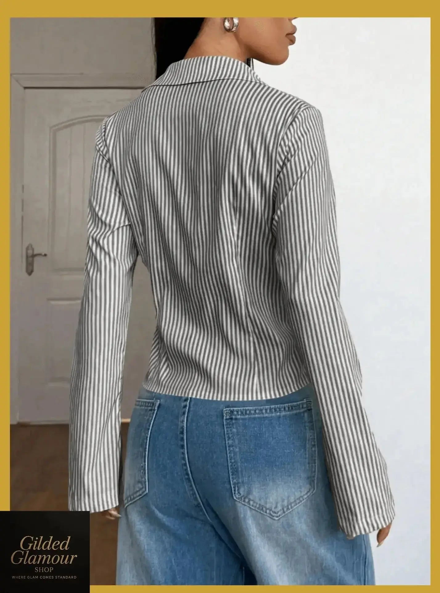 Gilded Glamour Shop classic striped long sleeve button-up shirt with a versatile fit and stretch fabric, suitable for workwear.
