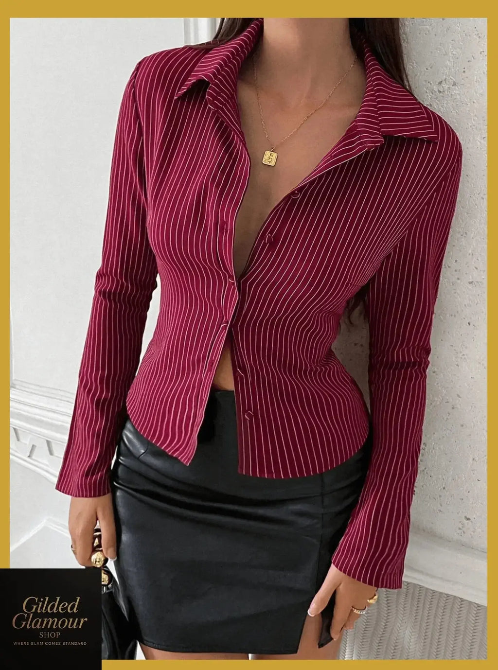 Gilded Glamour Shop classic striped long sleeve button-up shirt, versatile stretch workwear, showing front view with collar and buttons.