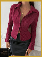 Gilded Glamour Shop classic striped long sleeve button-up shirt, versatile stretch workwear, showing front view with collar and buttons.