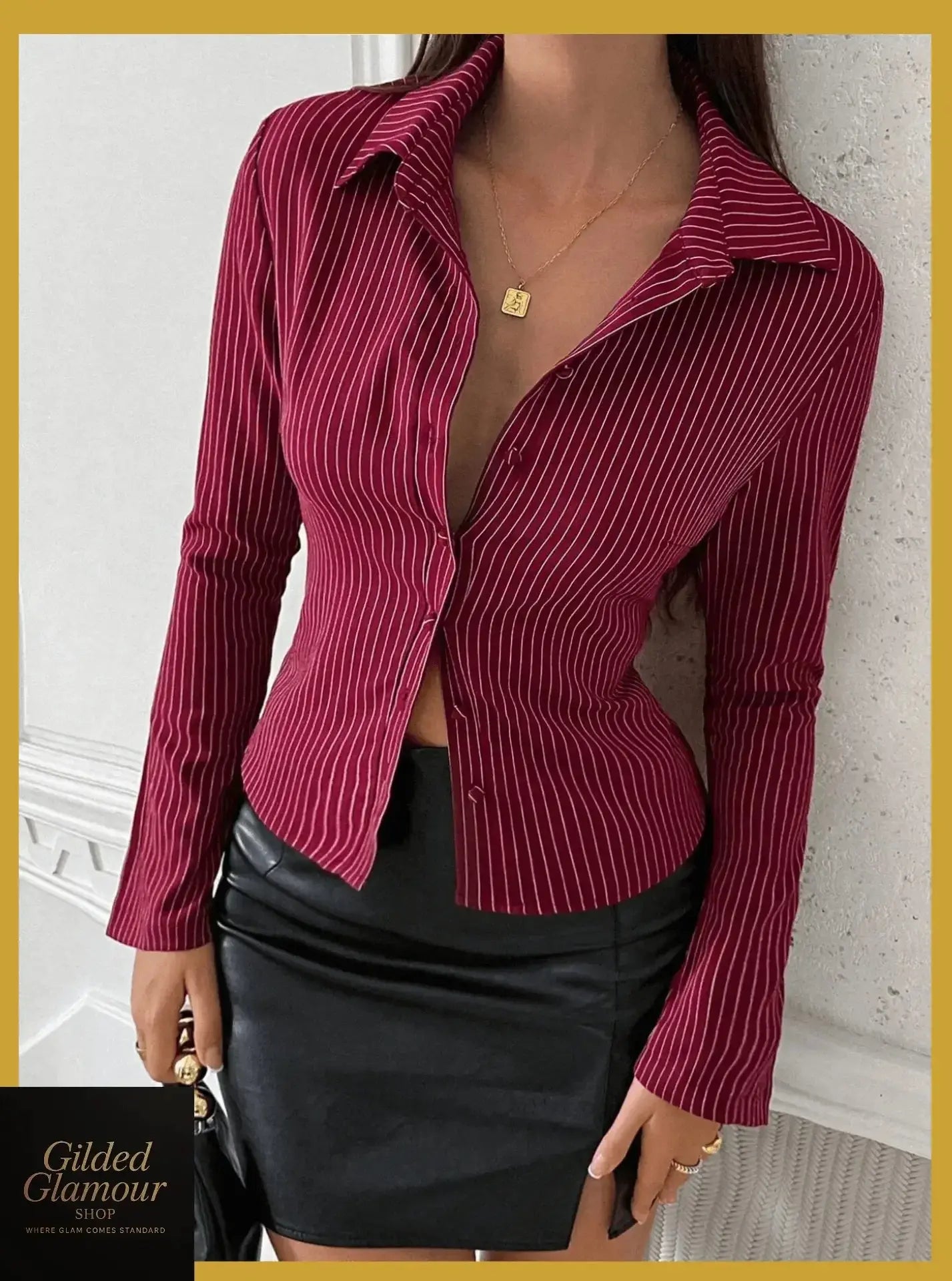 Gilded Glamour Shop classic striped long sleeve button-up shirt, versatile stretch workwear, showing front view with collar and buttons.