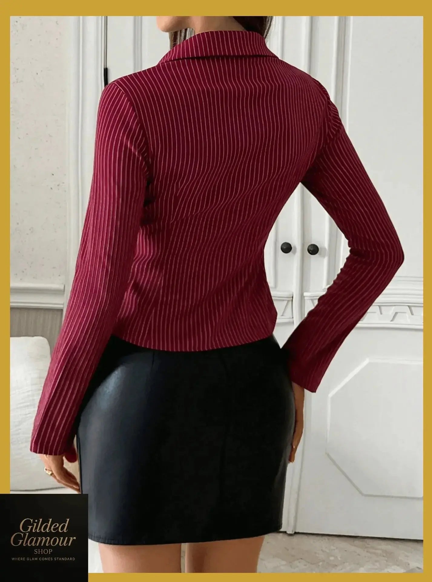 Gilded Glamour Shop classic striped long sleeve button-up shirt with a versatile stretch fabric, suitable for work or casual wear.