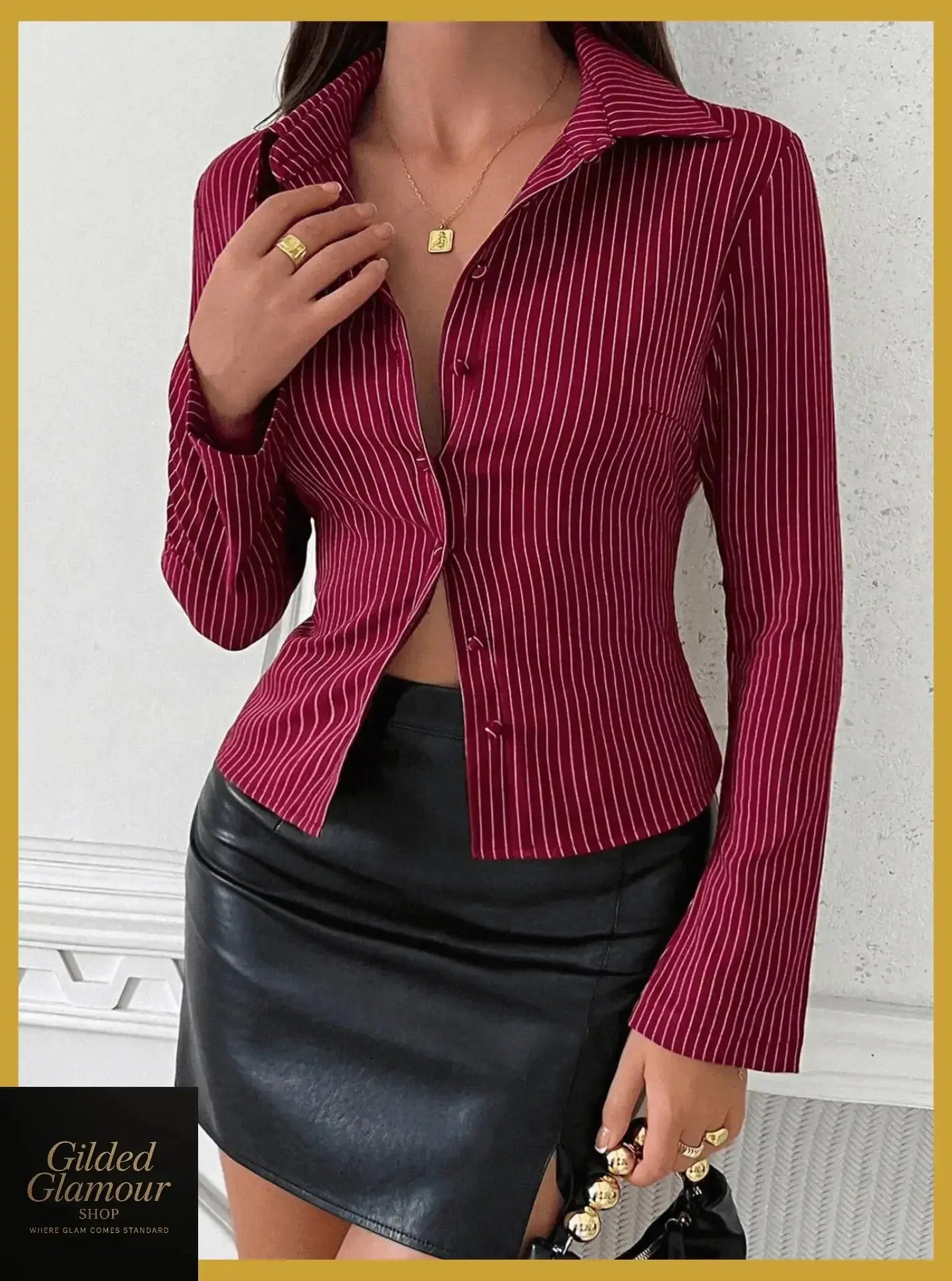 Gilded Glamour Shop striped long sleeve button-up shirt with classic design, versatile stretch fabric, suitable for work or casual wear.