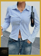 Gilded Glamour Shop classic striped long sleeve button-up shirt, versatile stretch workwear with vertical stripes and collar.