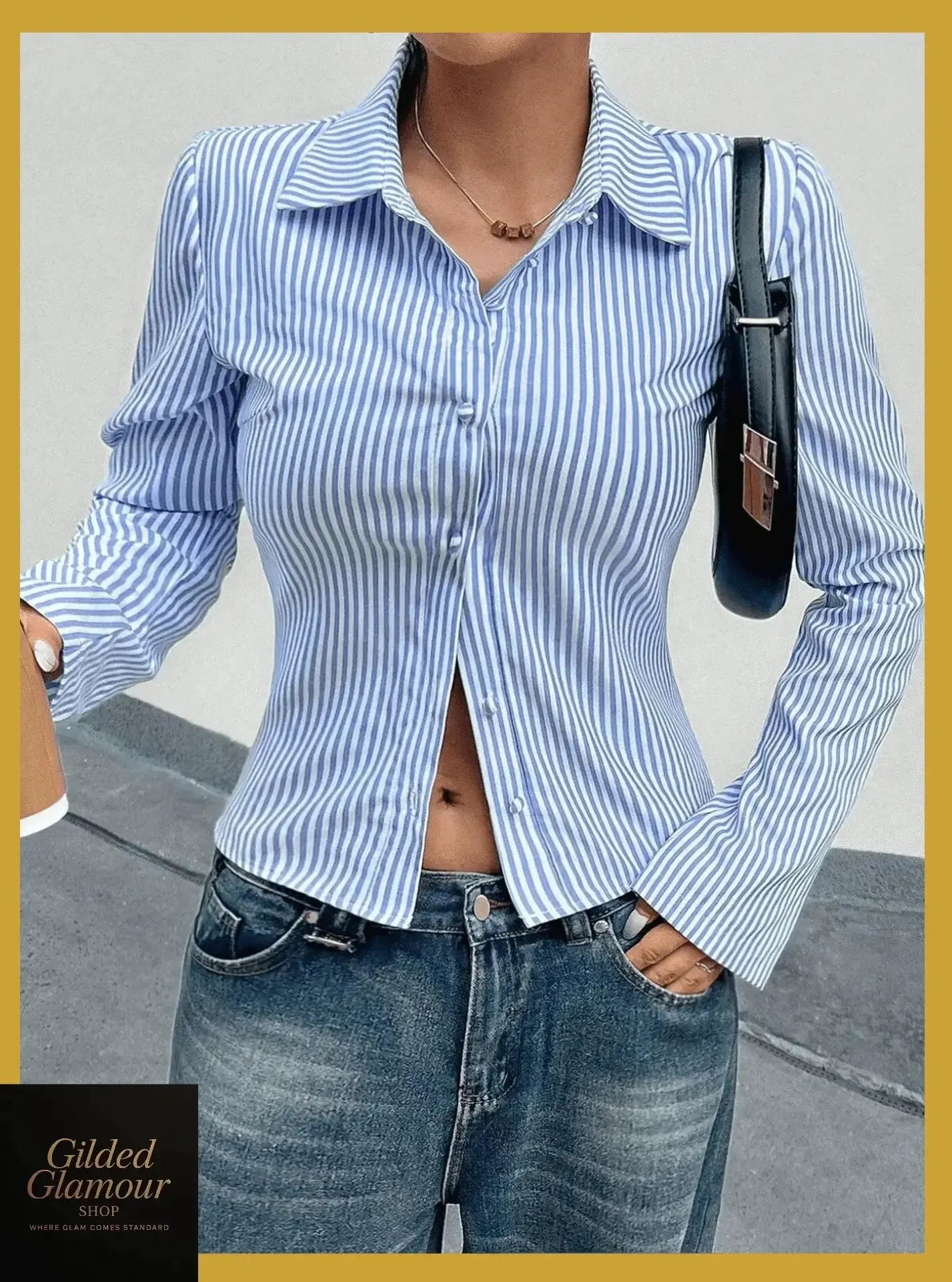 Gilded Glamour Shop classic striped long sleeve button-up shirt, versatile stretch workwear with vertical stripes and collar.