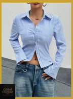Gilded Glamour Shop classic striped long sleeve button-up shirt, versatile stretch workwear with a tailored fit and button-front design.