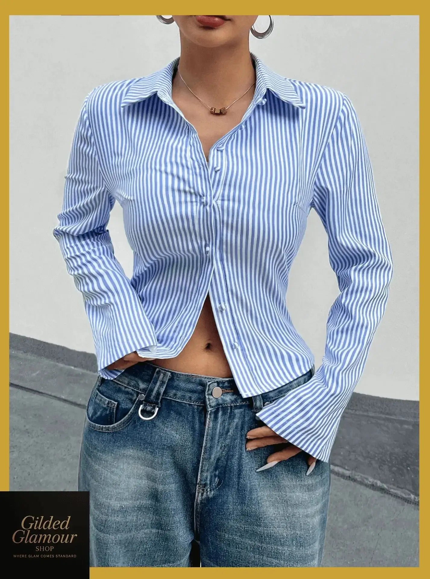 Gilded Glamour Shop classic striped long sleeve button-up shirt, versatile stretch workwear with a tailored fit and button-front design.