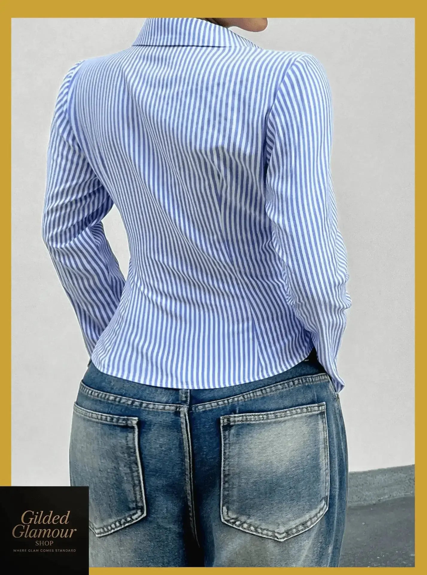 Gilded Glamour Shop classic striped long sleeve button-up shirt with versatile stretch fabric, suitable for work or casual wear