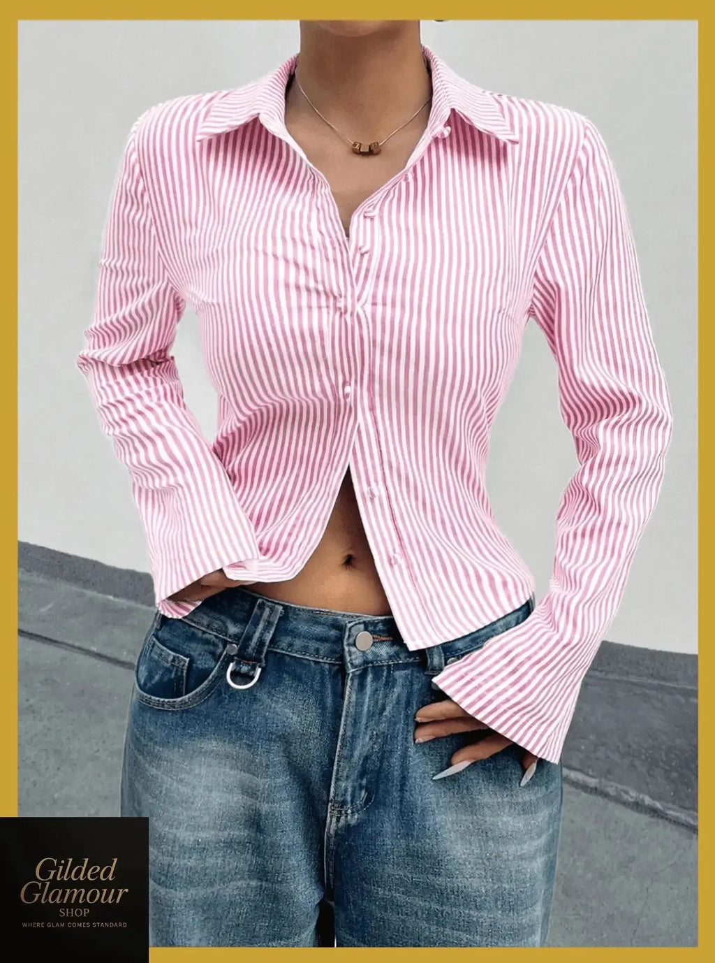 Gilded Glamour Shop classic striped long sleeve button-up shirt, versatile workwear with a fitted collar and button-front design.