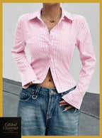 Gilded Glamour Shop classic striped long sleeve button-up shirt, versatile workwear with a fitted collar and button-front design.