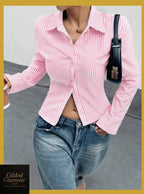 Gilded Glamour Shop classic striped long sleeve button-up shirt, versatile stretch workwear, casual and professional style.
