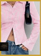 Gilded Glamour Shop classic striped long sleeve button-up shirt with versatile stretch fabric, suitable for work or casual wear.