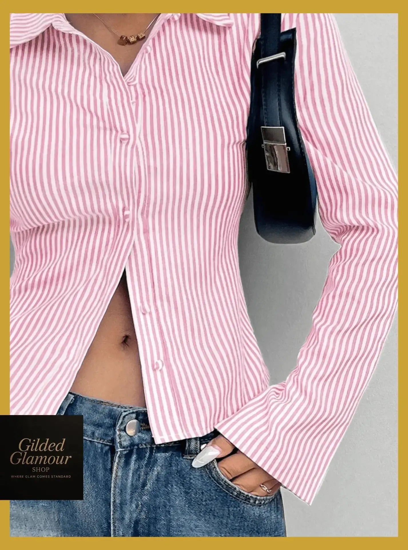 Gilded Glamour Shop classic striped long sleeve button-up shirt with versatile stretch fabric, suitable for work or casual wear.