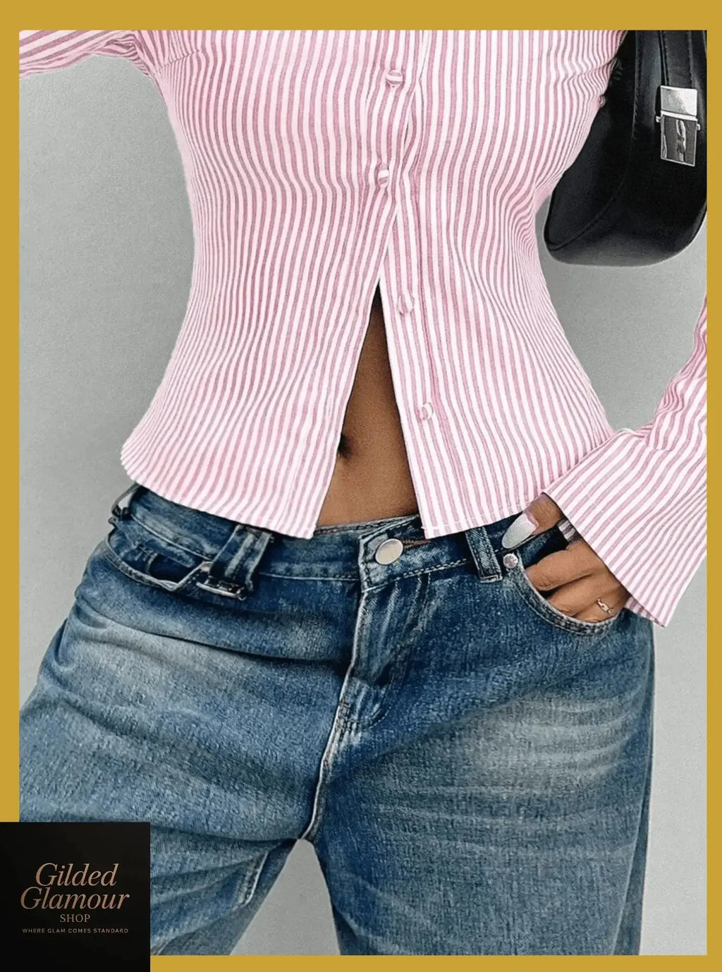 Gilded Glamour Shop classic striped long sleeve button-up shirt, versatile stretch workwear with a collared design and button front.