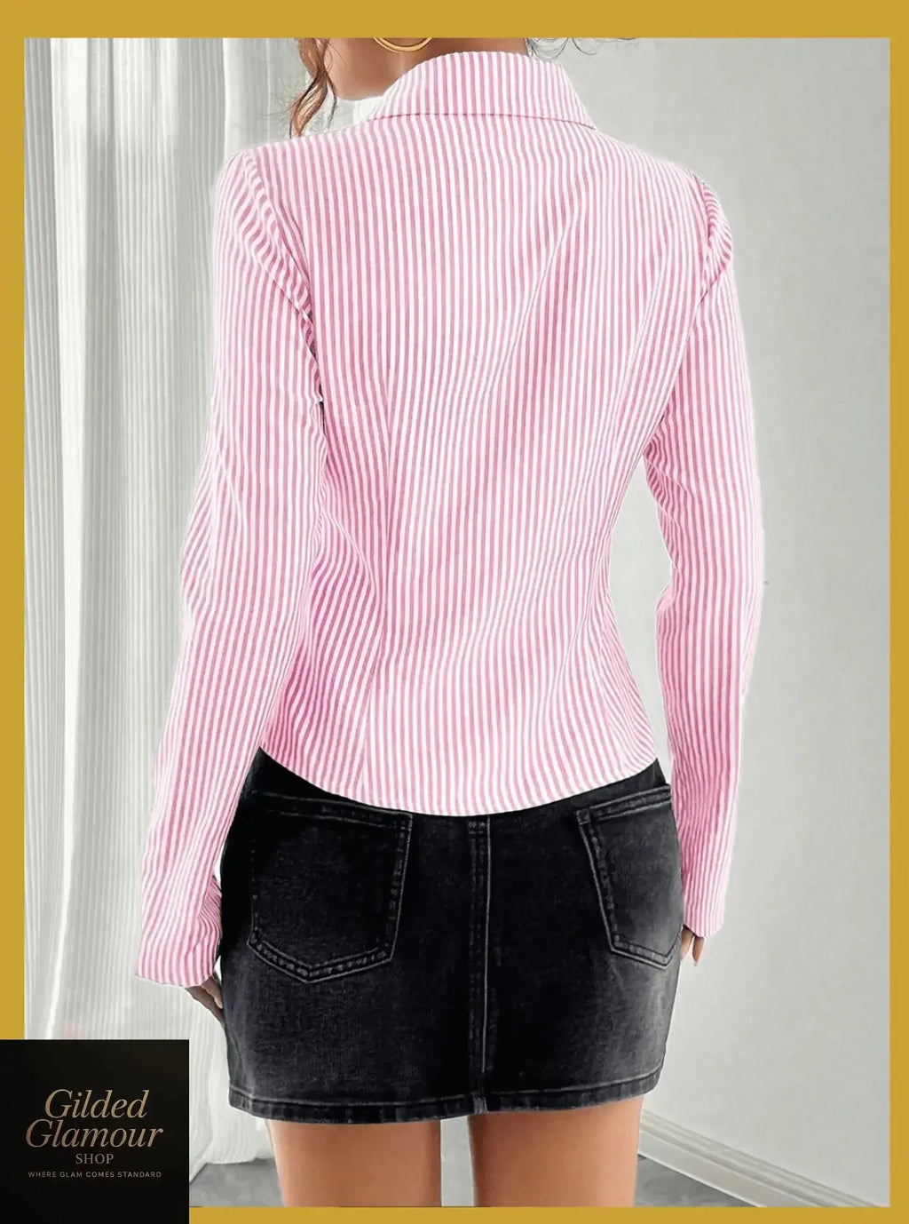 Gilded Glamour Shop classic striped long sleeve button-up shirt with a versatile stretch fabric, suitable for workwear and casual wear.