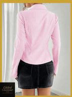 Gilded Glamour Shop classic striped long sleeve button-up shirt with a versatile stretch fabric, suitable for workwear and casual wear.