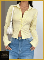 Gilded Glamour Shop classic striped long sleeve button-up shirt, versatile stretch workwear with vertical stripes and a collar.