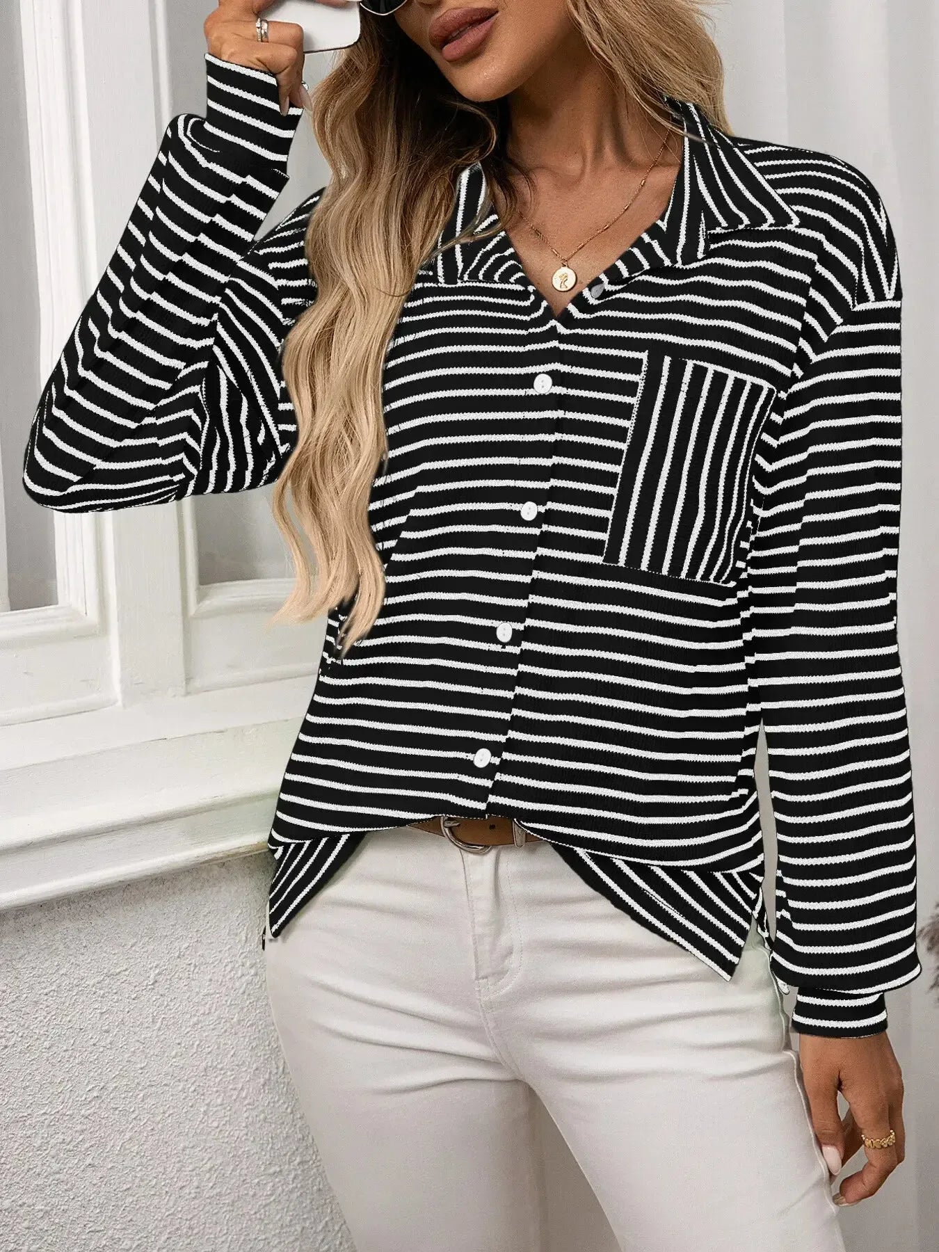 Striped Button Up Long Sleeve Shirt - Plush Fashion Hub