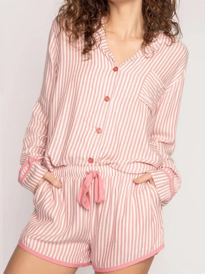 Striped Collared Neck Long Sleeve Top and Shorts Lounge Set - Plush Fashion Hub