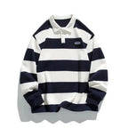 Striped cotton long sleeve polo shirt by Plush Fashion Hub, featuring a smart casual design with a classic collar and button placket.