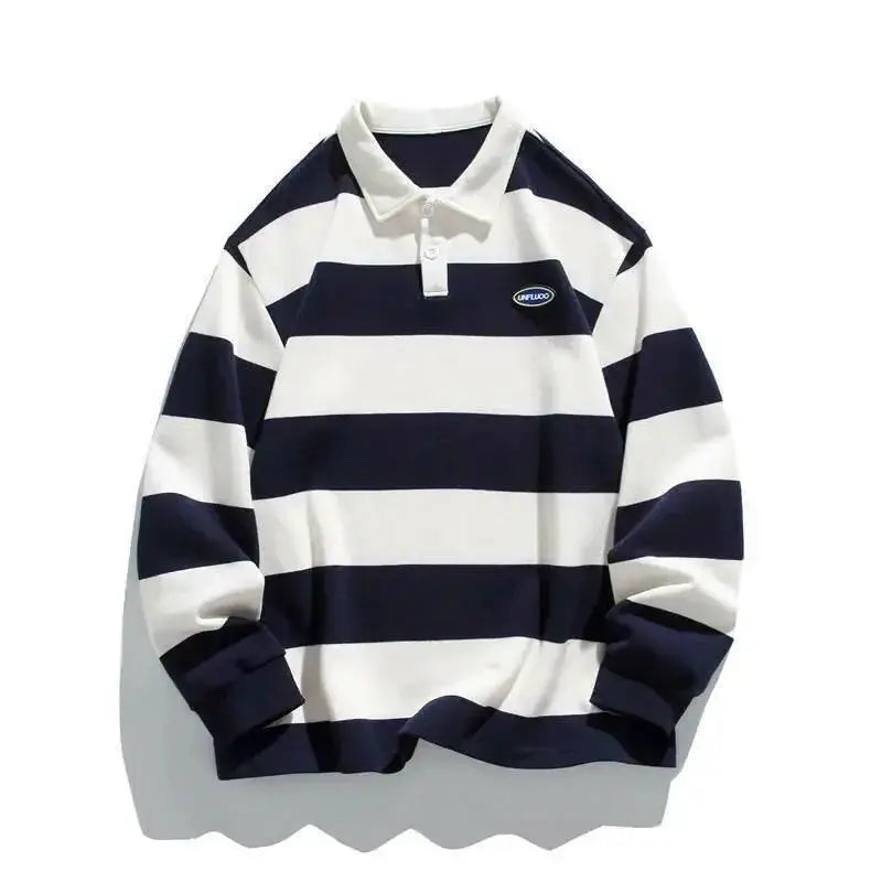 Striped cotton long sleeve polo shirt by Plush Fashion Hub, featuring a smart casual design with a classic collar and button placket.