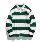 Striped cotton long sleeve polo shirt by Plush Fashion Hub, smart casual style with classic stripes and comfortable fit.