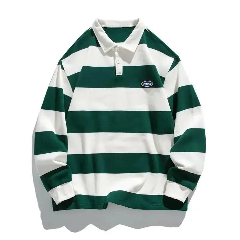 Striped cotton long sleeve polo shirt by Plush Fashion Hub, smart casual style with classic stripes and comfortable fit.
