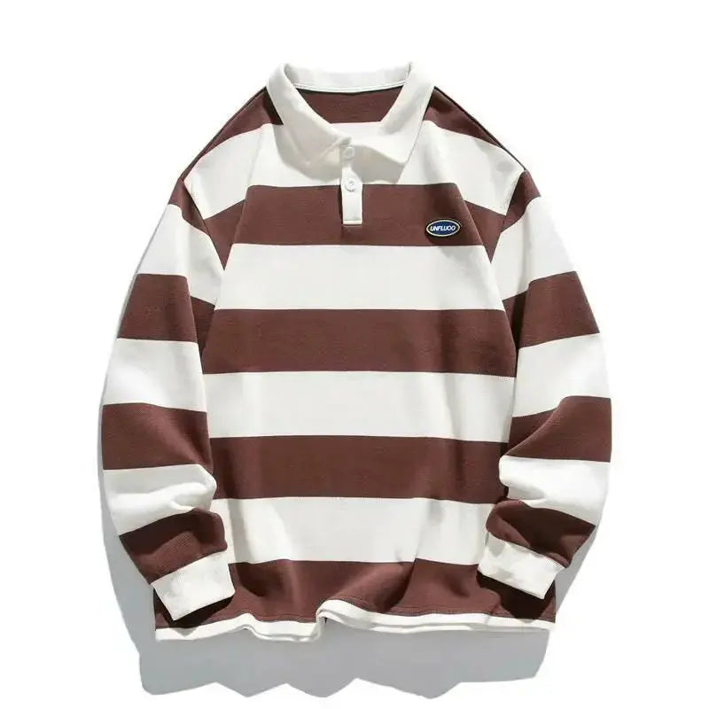 Striped cotton long sleeve polo shirt from Plush Fashion Hub, smart casual style with classic stripe pattern and comfortable fit.
