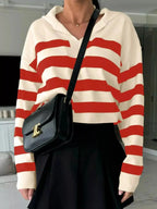 Women's striped dropped shoulder knit sweater top with long sleeves, casual and comfortable by Plush Fashion Hub.