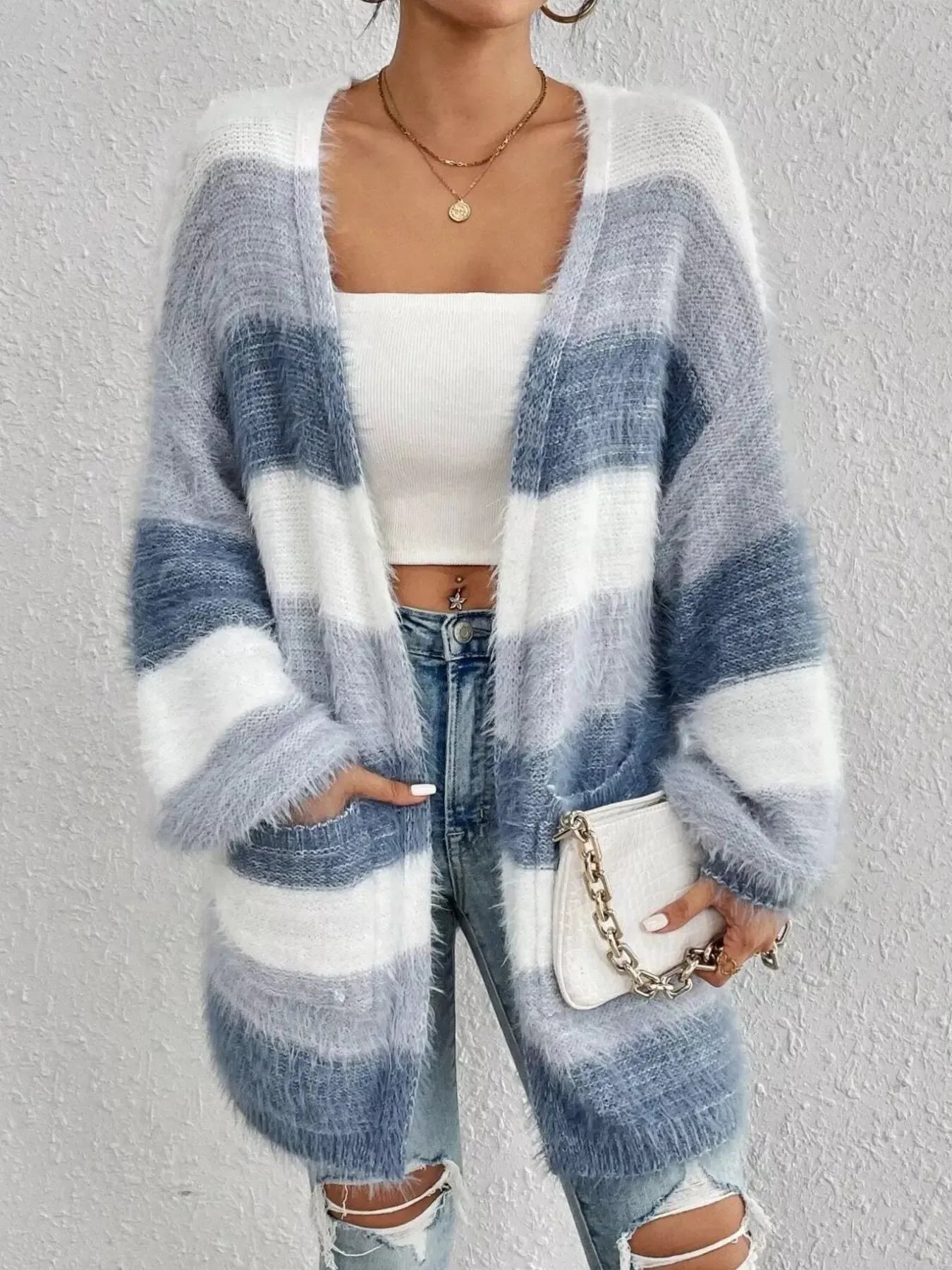 Striped Fuzzy Knit Open Front Cardigan - Plush Fashion Hub