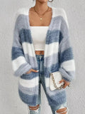 Striped fuzzy knit open front cardigan with pockets, cozy layering sweater by Plush Fashion Hub, featuring soft, warm fabric and relaxed fit.