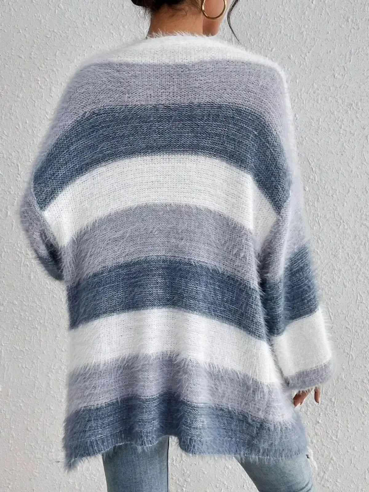 Cozy striped fuzzy knit open front cardigan with pockets from Plush Fashion Hub, perfect for casual layered looks.
