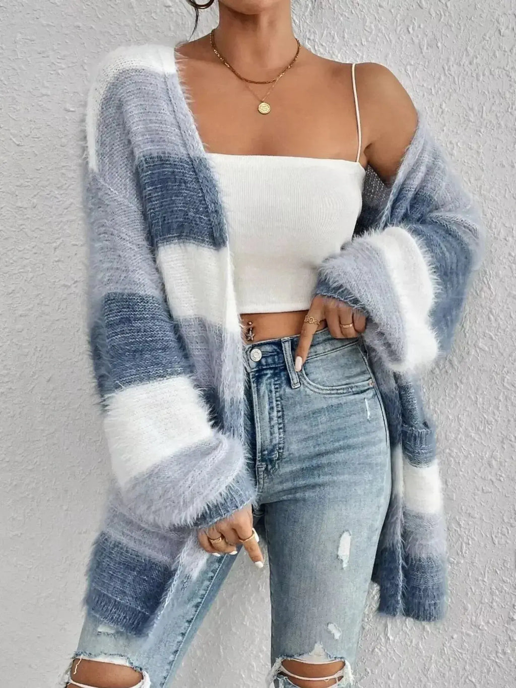 Striped fuzzy knit open front cardigan with pockets from Plush Fashion Hub, cozy layering sweater in soft, warm fabric.