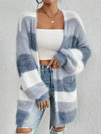 Striped fuzzy knit open front cardigan with pockets by Plush Fashion Hub, cozy layering sweater perfect for casual wear.