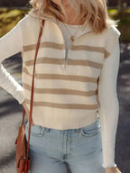 Striped sleeveless ribbed knit sweater vest with half-zip and mock neck from Gilded Glamour Shop, perfect for layered fashion.