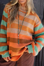Women's rainbow striped long sleeve knit sweater with soft crewneck, from Plush Fashion Hub, casual cozy pullover.