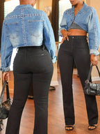 Blue denim cropped shirt with studded one-button detail and edgy style, perfect for trendy casual outfits.