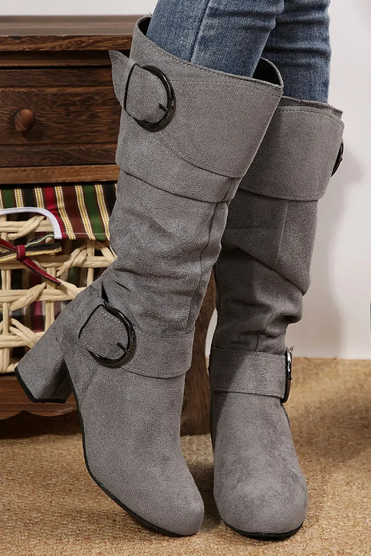 Suede Double Buckled Side Zipped Mid-calf Boots - Plush Fashion Hub