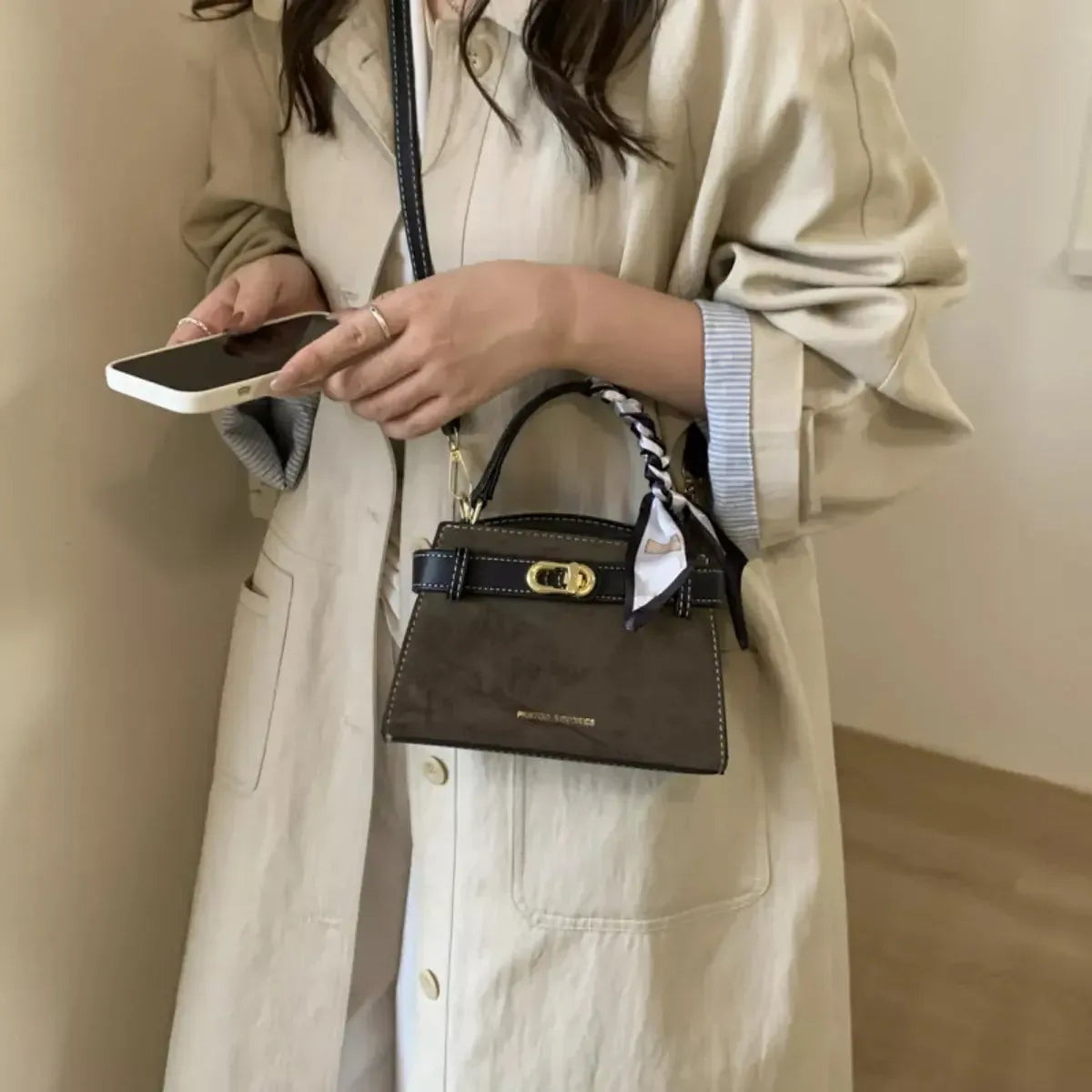 Suede Mini Crossbody Bag with Leather Strap - Plush Fashion Hub